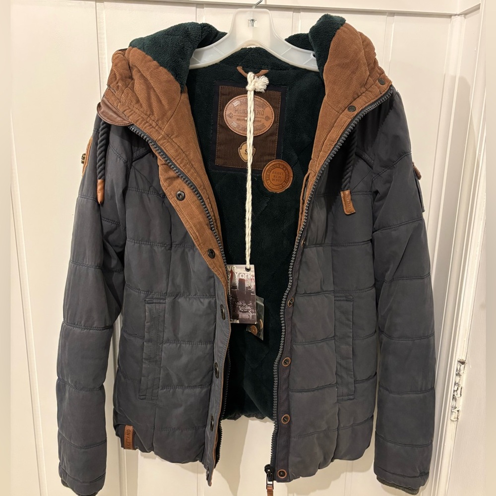 Naketano Breakfast Club II Brave New World Womens S Dark Blue Jacket Coat Parka